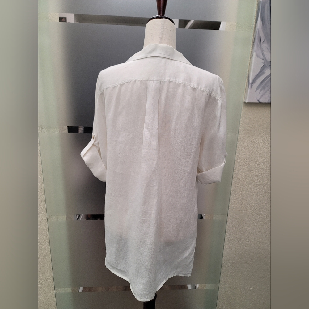 Ellen Tracy 100% White Linen Zip-Front Rolled-Sleeve Tunic Blouse size L - Picture 6 of 12